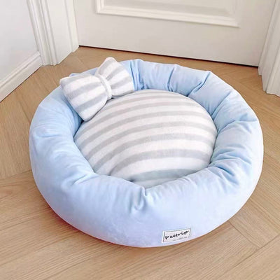 Soft Plush Dog Bed with Bow Pillow | Cozy Round Puppy & Cat Bed | Anti-Anxiety Snuggle Nest for Small Pets