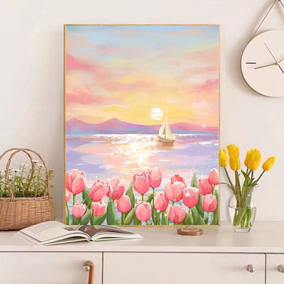 painting by numbers Twilight Embrace: Pink Tulips Adrift on Sunset Seas
