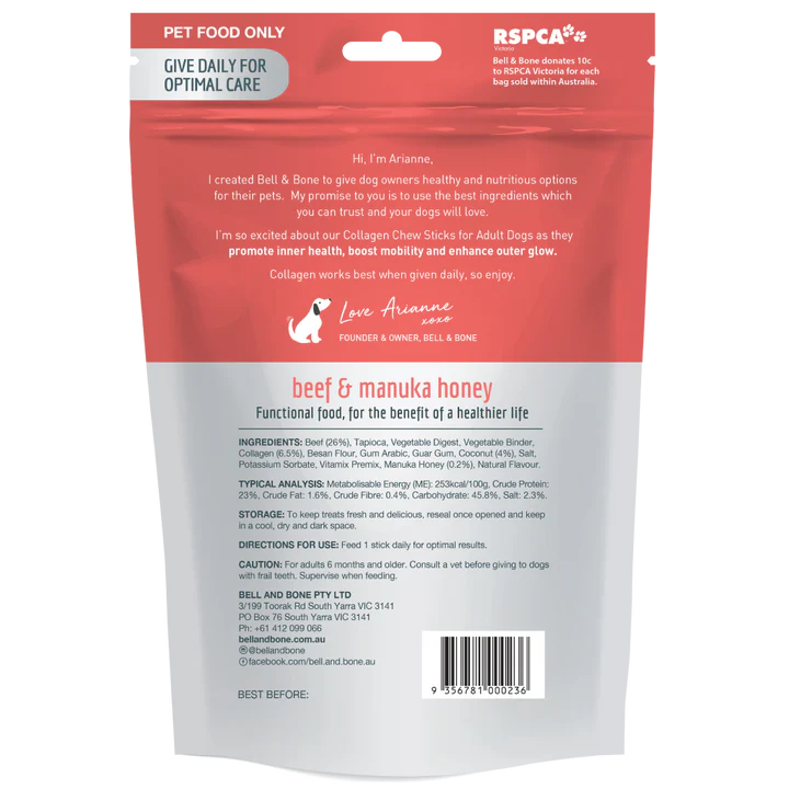 Bell & Bone - Collagen Chew Sticks for Puppies Small Dogs - Beef and Manuka Honey 100g