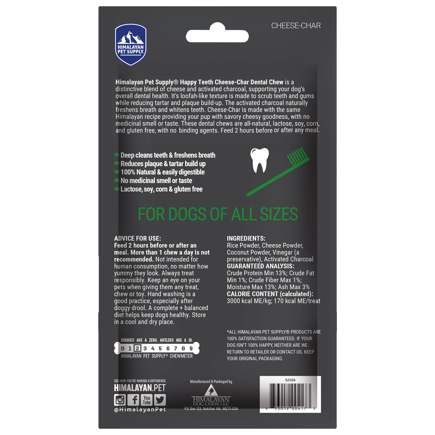 Himalayan Dog Chew Happy Teeth Cheese-Char with Activated Charcoal Large 2pk (521126)