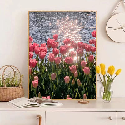 painting by numbers Ocean Bloom: Pink Tulips Dancing in Sunlit Waves