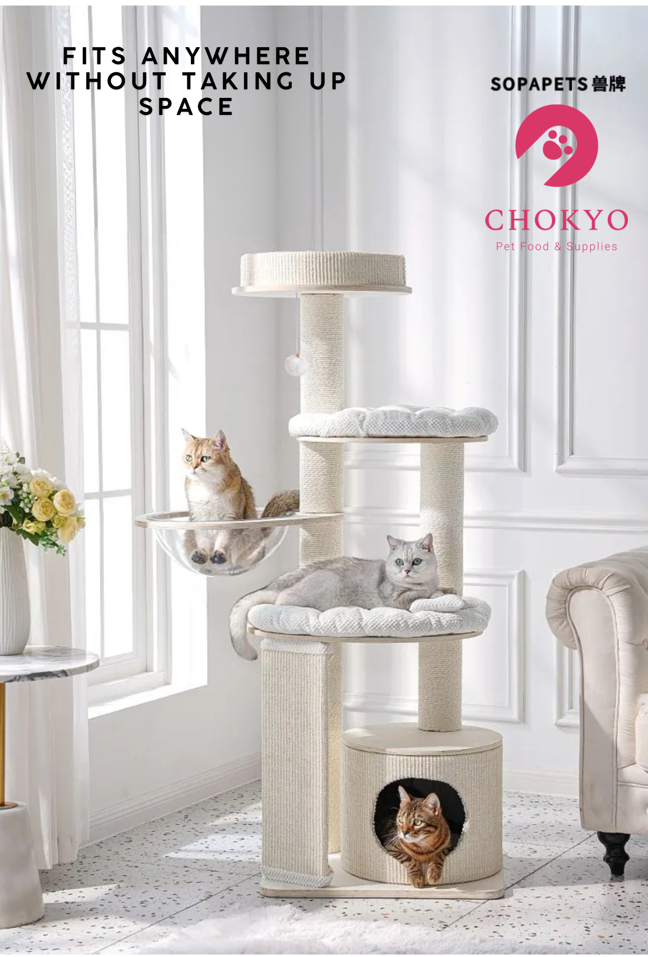 SOPAPETS Luxury Multi-Level Cat Tree Tower with Scratching Posts & Cozy Beds – Modern Cream Design—arrive in middle of Oct