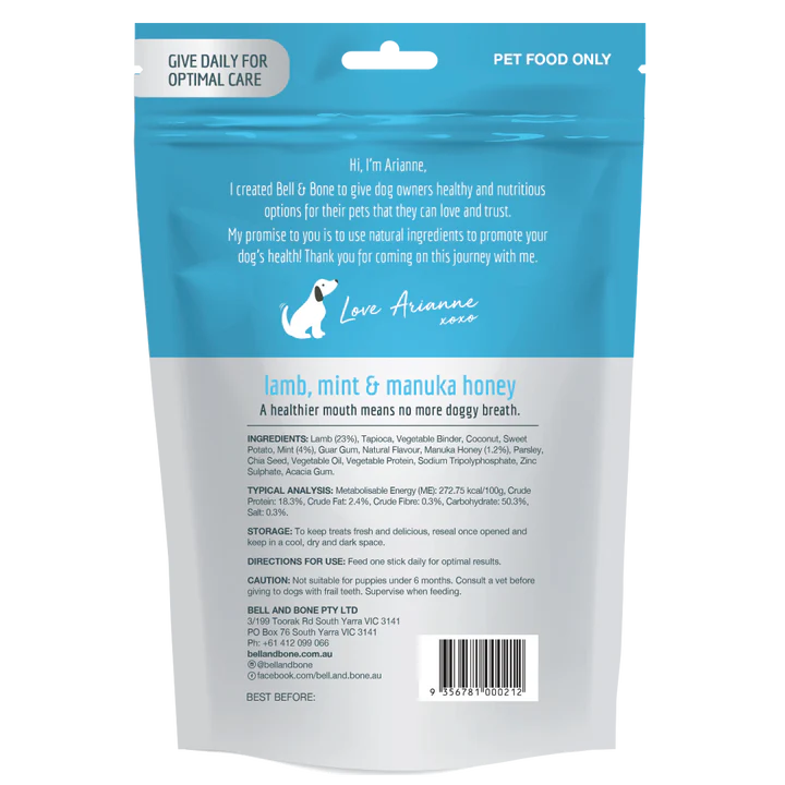 Bell & Bone - Dental Sticks - Lamb, Mint and Manuka Honey - Small 126g