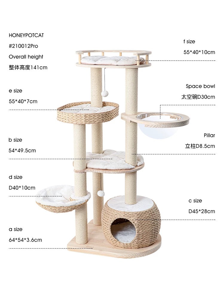 TORA* HONEYPOT CAT Rattan pinewood Cat Tree – Designer Cat Furniture 95cm-141cm