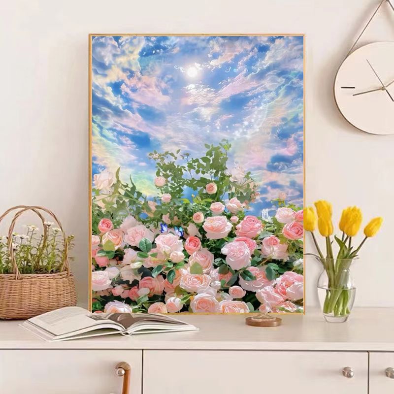 painting by numbers Ethereal Whispers: Blushing Roses Beneath a Painter's Sky