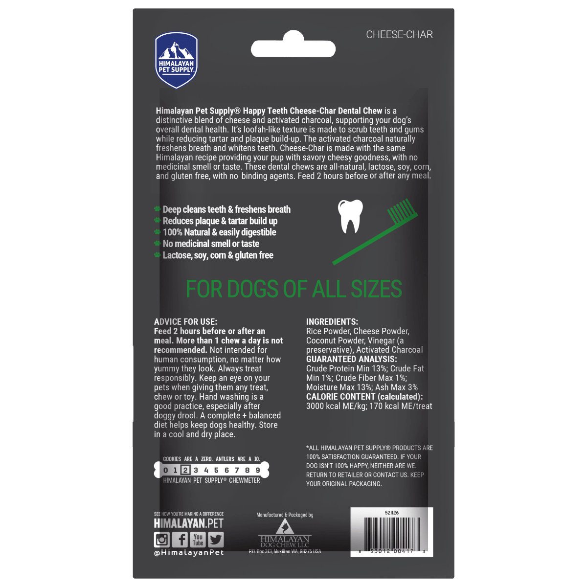 Himalayan Dog Chew Happy Teeth Cheese-Char with Activated Charcoal Large 2pk (521126) - Chokyo Pet