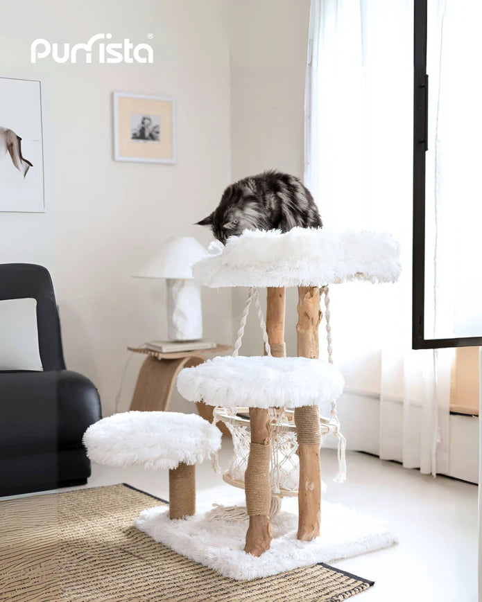 Purrista Natural Wood Hammock Cat Tree 92cm – White