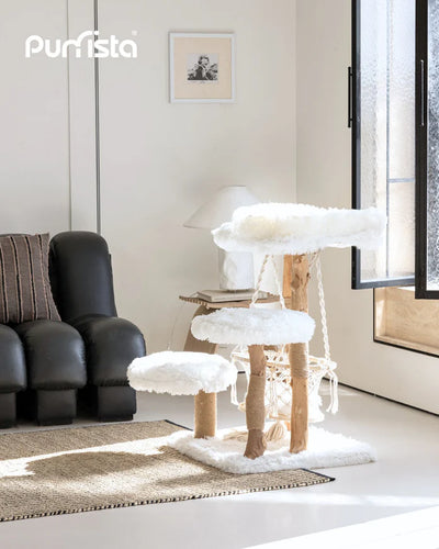 Purrista Natural Wood Hammock Cat Tree 92cm – White