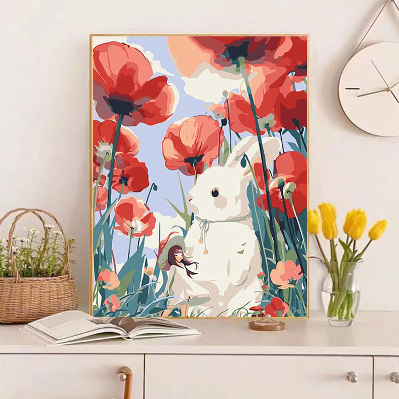 painting by numbers Guardian Whispers: A Rabbit's Love Beside a Crimson Bloom