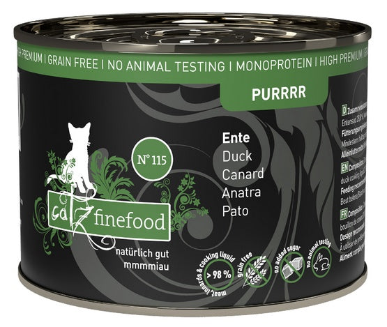 catz finefood Purrrr Eend Monoprotein kattenvoer nat N° 115, voor voedingsgevoelige katten, 70% vleesaandeel, 16 x 85 g zak catz finefood Purrrr Eend Monoprotein kattenvoer nat N° 115, voor voedingsgevoelige katten, 70% vleesaandeel, 16 x 85 g zak