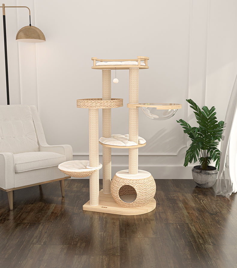 TORA* HONEYPOT CAT Rattan pinewood Cat Tree – Designer Cat Furniture 95cm-141cm