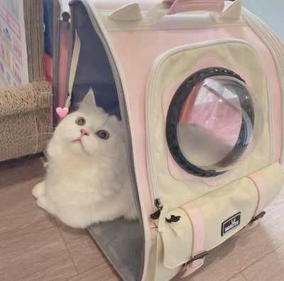 Pink Space Capsule Pet Backpack Carrier | Bubble Window Cat & Small Dog Travel Bag with Dual Entry & Front Treat Pocket