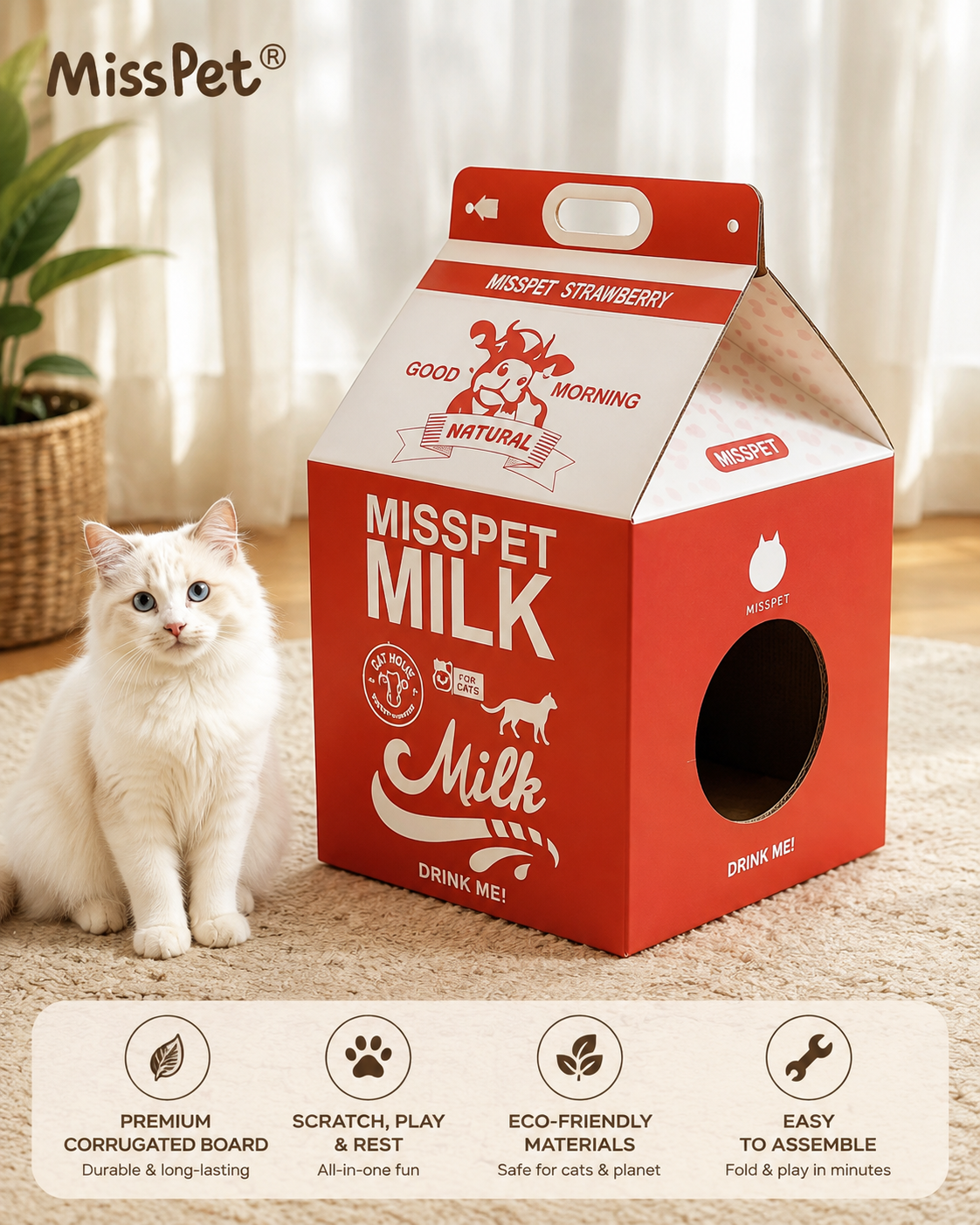 MissPet Milk Carton Cat House & Scratcher – Corrugated Cardboard Cat Bed & Hideaway