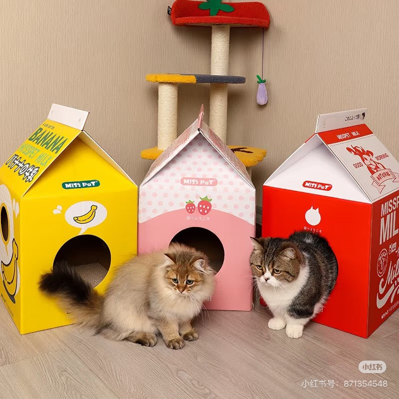 MissPet Milk Carton Cat House & Scratcher – Corrugated Cardboard Cat Bed & Hideaway