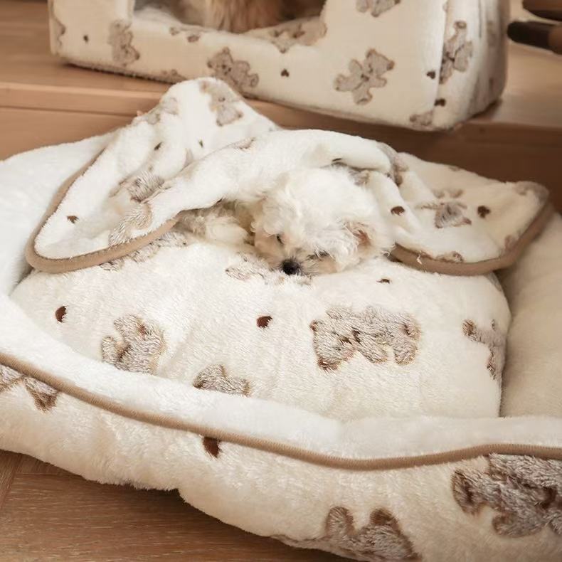 Fluffy Bear Pet Bed with Blanket | Cozy Winter Bed for Dogs & Cats | Soft Plush Warm Sleeping Nest