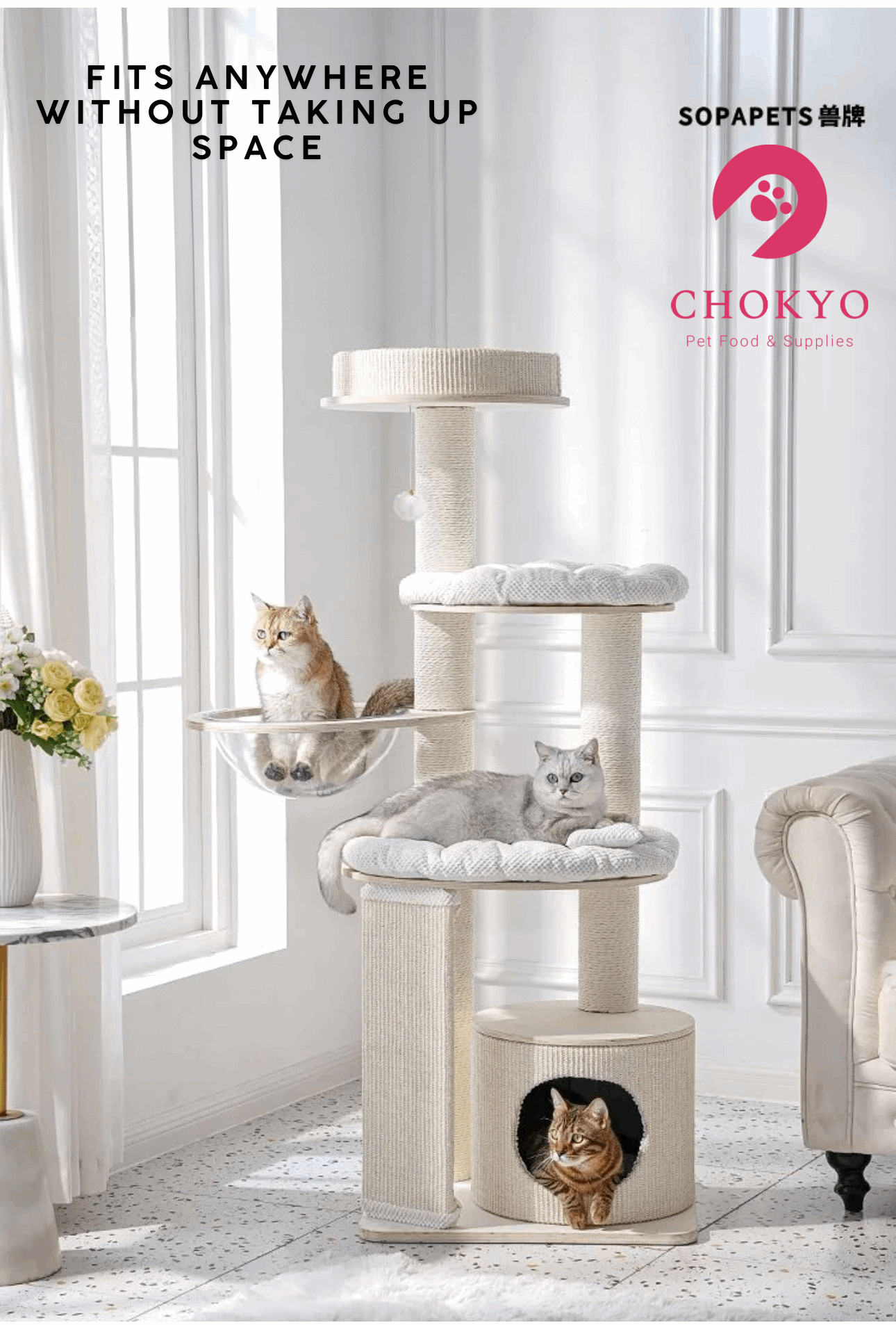 SOPAPETS Luxury Multi-Level Cat Tree Tower with Scratching Posts & Cozy Beds – Modern Cream Design—arrive in middle of Oct - ChokyoPetStore