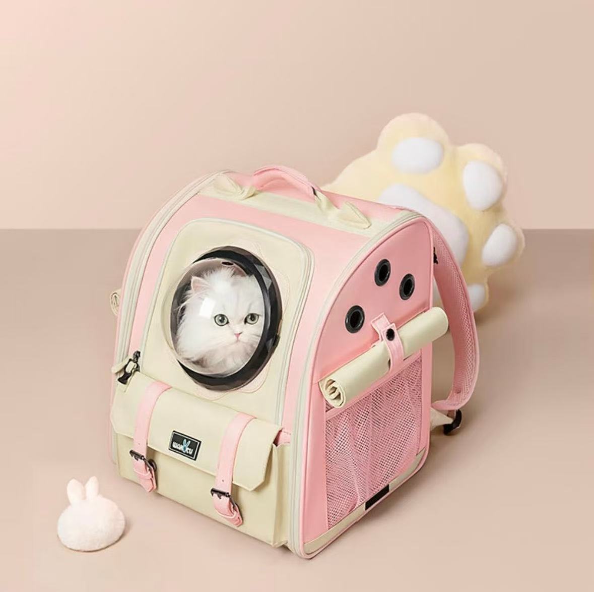 Pink Space Capsule Pet Backpack Carrier | Bubble Window Cat & Small Dog Travel Bag with Dual Entry & Front Treat Pocket