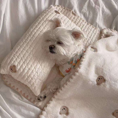 Pet Pillow & Blanket Set | Soft Bear Pattern Dog & Cat Sleeping Set | Cozy Bed Accessories for Small Pets - ChokyoPetStore