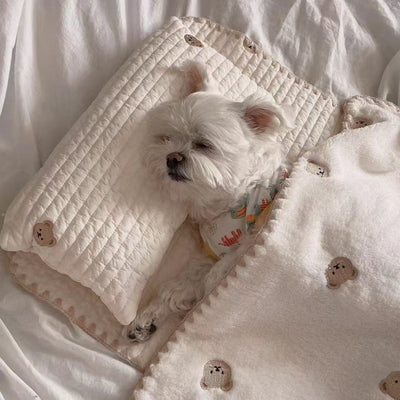 Pet Pillow & Blanket Set | Soft Bear Pattern Dog & Cat Sleeping Set | Cozy Bed Accessories for Small Pets