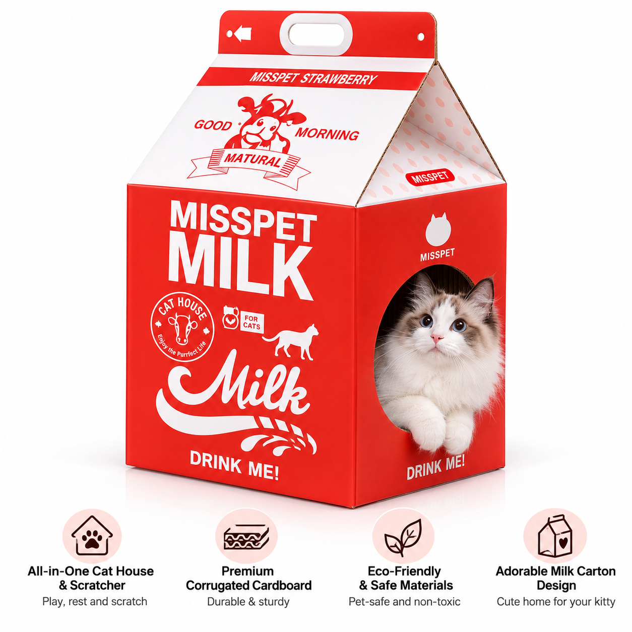 MissPet Milk Carton Cat House & Scratcher – Corrugated Cardboard Cat Bed & Hideaway