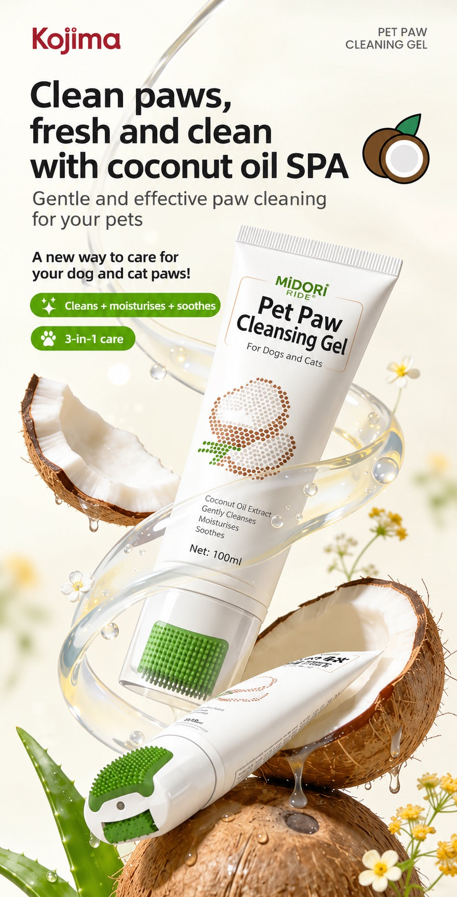 Kojima No-Rinse Paw Cleansing Gel With Roller 100ml