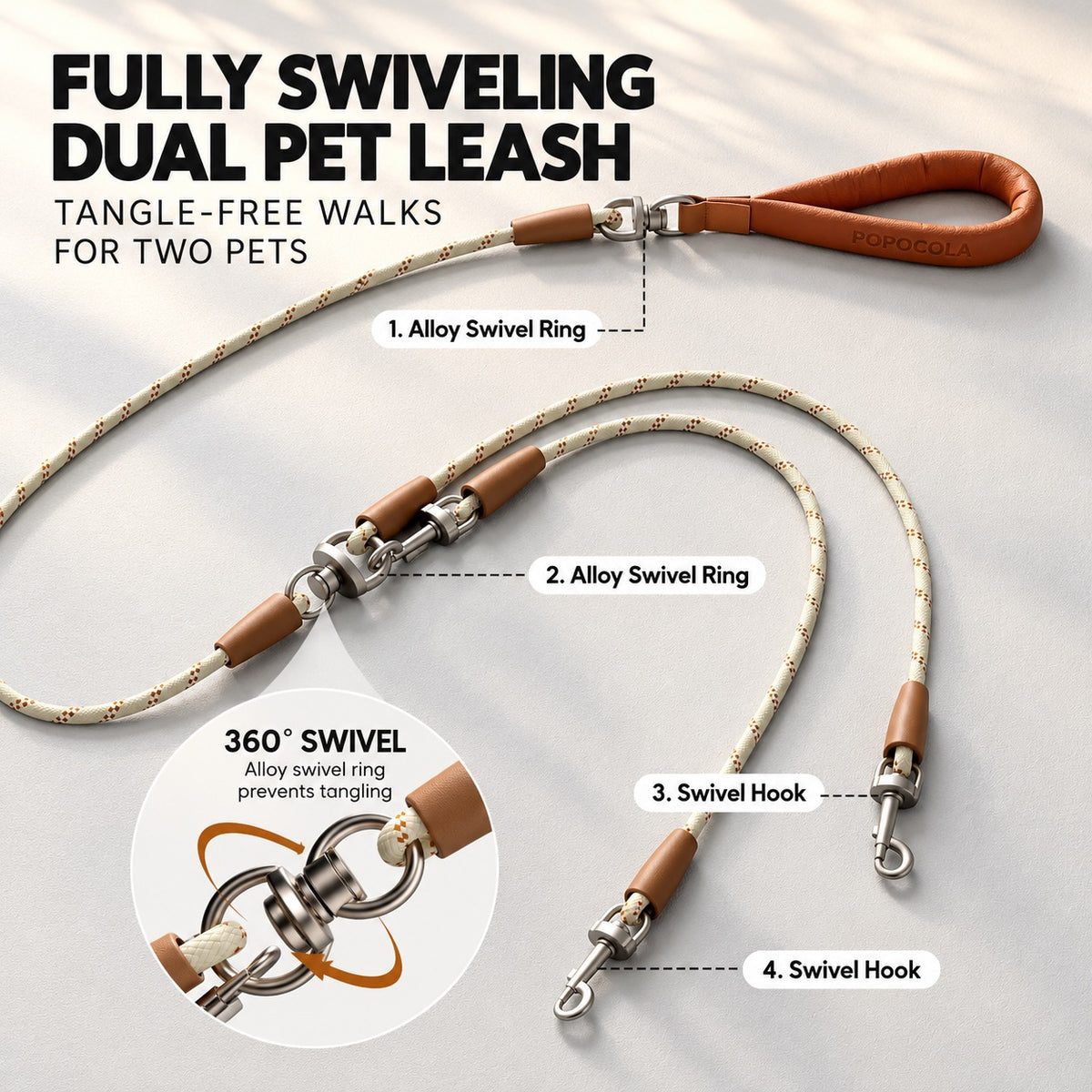 POPOCOLA Tangle-Free Double Dog Leash