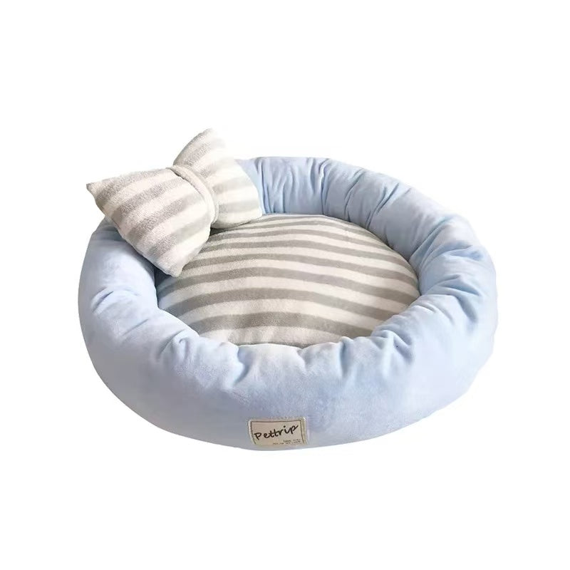Soft Plush Dog Bed with Bow Pillow | Cozy Round Puppy & Cat Bed | Anti-Anxiety Snuggle Nest for Small Pets