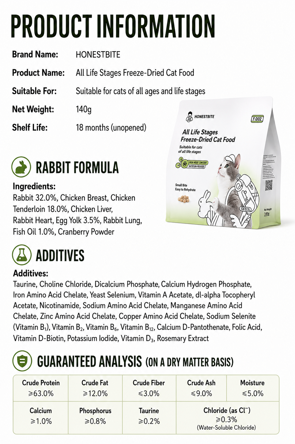 HonestBite FD01 Freeze Dried Cat Food - Rabbit 140g