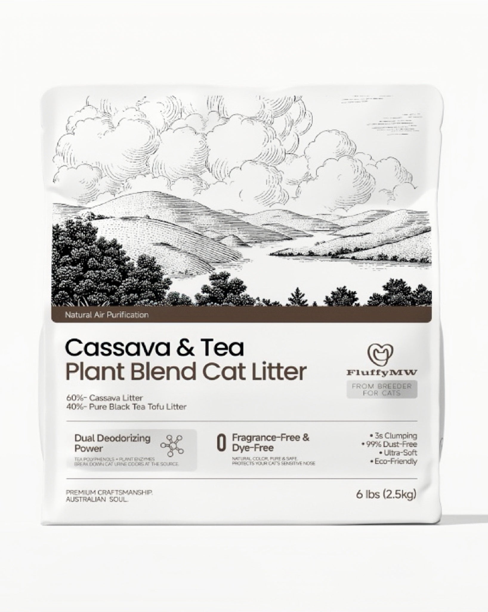 FluffyMW Cassava & Black Tea Tofu Blend Cat Litter 2.5kg