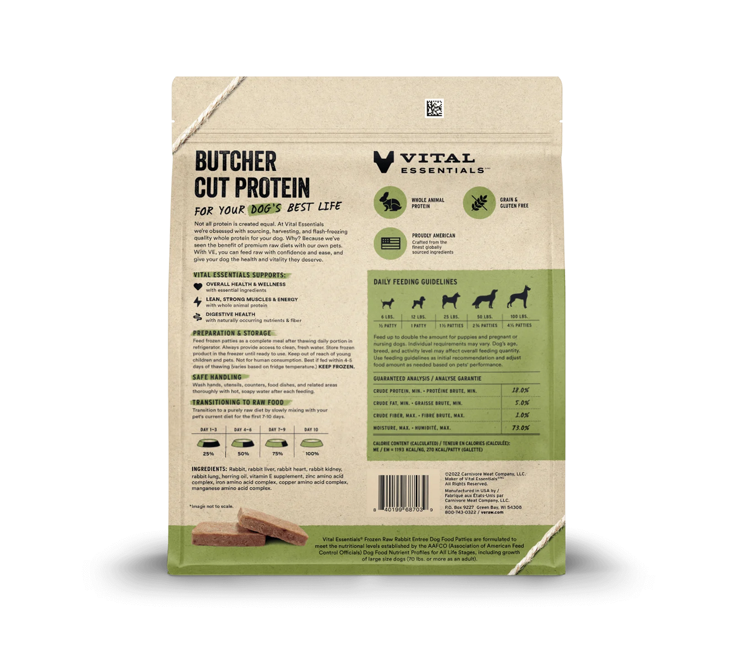 Vital Essentials Frozen Rabbit Entree Dog Food 396g