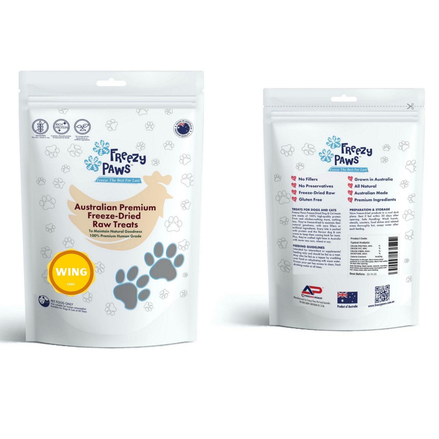 Freezy Paws Freeze-Dried Chicken Wing Raw Treats for Pet Cat Dog 100g