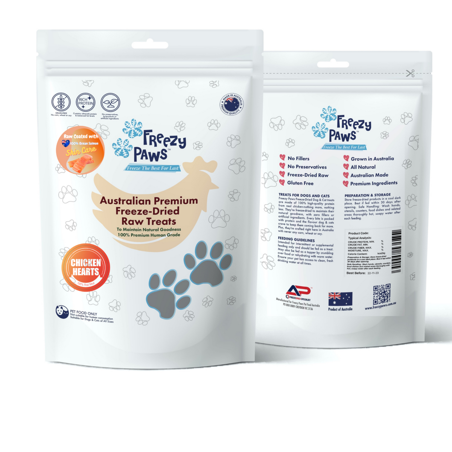 Freezy Paws Freeze-Dried Chicken Heart Coated With Salmon Raw Treats for Pet Cat Dog 100g